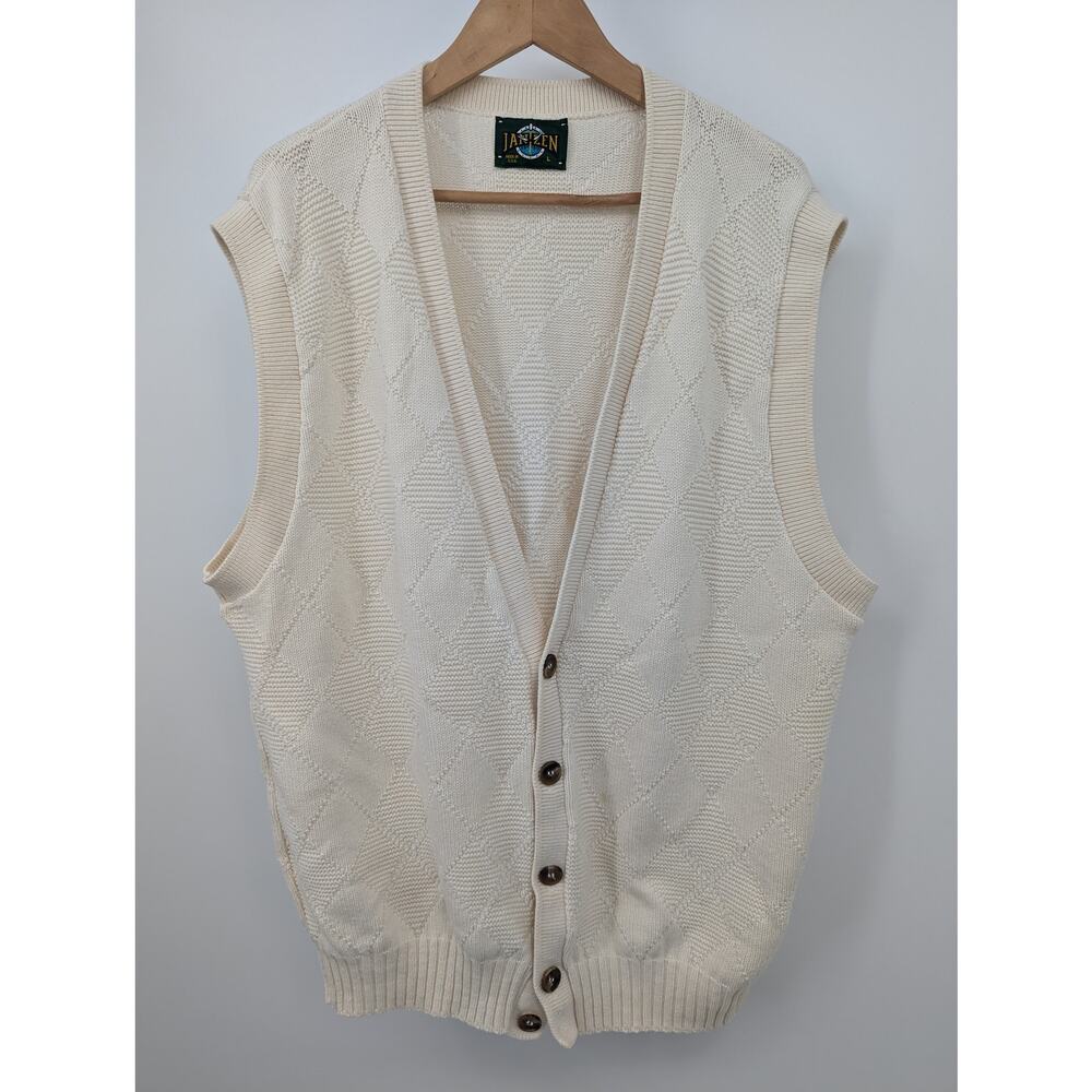 Vintage Jantzen Men's Cream Diamond Knit Button Up Sweater Vest Large USA Made
